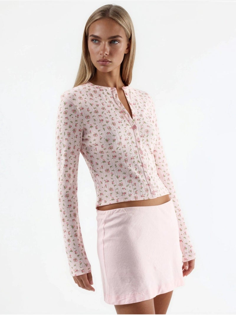 Blusa corta a coste con fiori e chiusura a bottoni busem Rosa pallido - Kiabi