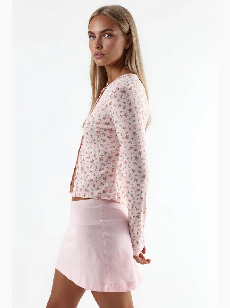 Blusa corta a coste con fiori e chiusura a bottoni busem Rosa pallido - Kiabi