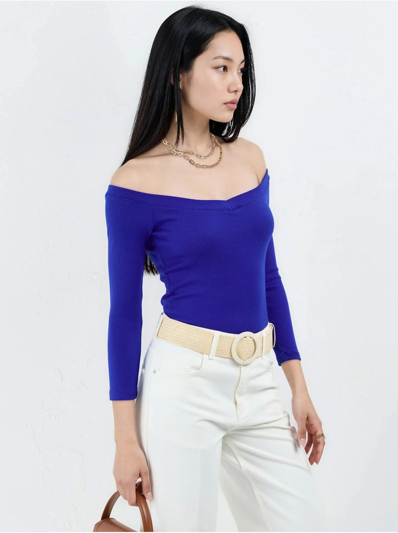 Blusa corta a coste con vestibilità slim busem Blu elettrico - Kiabi