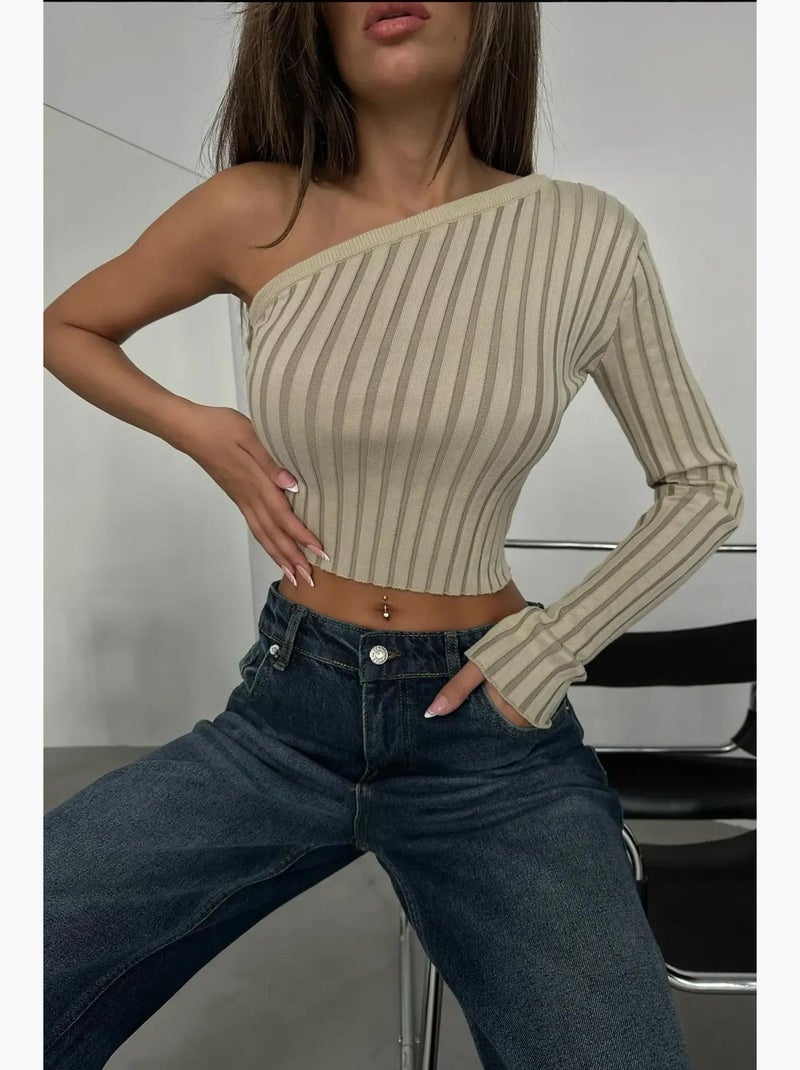Blusa corta a coste lavorata a maglia con una spalla a righe hiccup Beige naturale - Kiabi