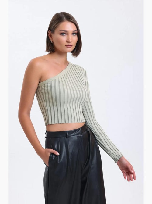 Blusa corta a coste lavorata a maglia con una spalla a righe hiccup - Kiabi Blusa corta a coste lavorata a maglia con una spalla a righe hiccup - Kiabi