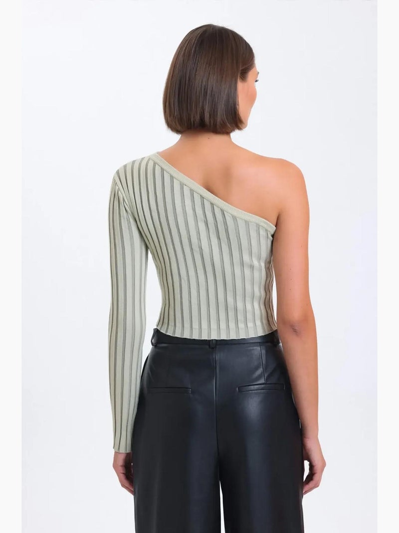 Blusa corta a coste lavorata a maglia con una spalla a righe hiccup Beige naturale - Kiabi
