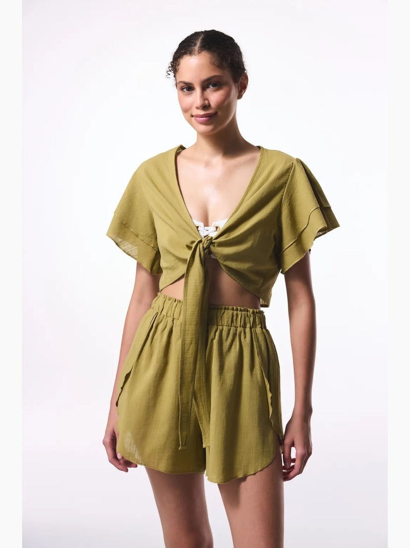 Blusa corta con laccetti penti Cachi - Kiabi