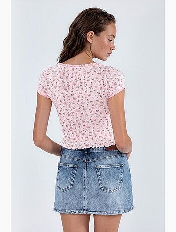 Blusa corta con scollo a u a fiori con balze busem