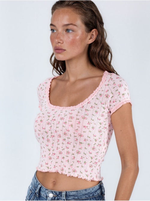 Blusa corta con scollo a u a fiori con balze busem - Kiabi Blusa corta con scollo a u a fiori con balze busem - Kiabi
