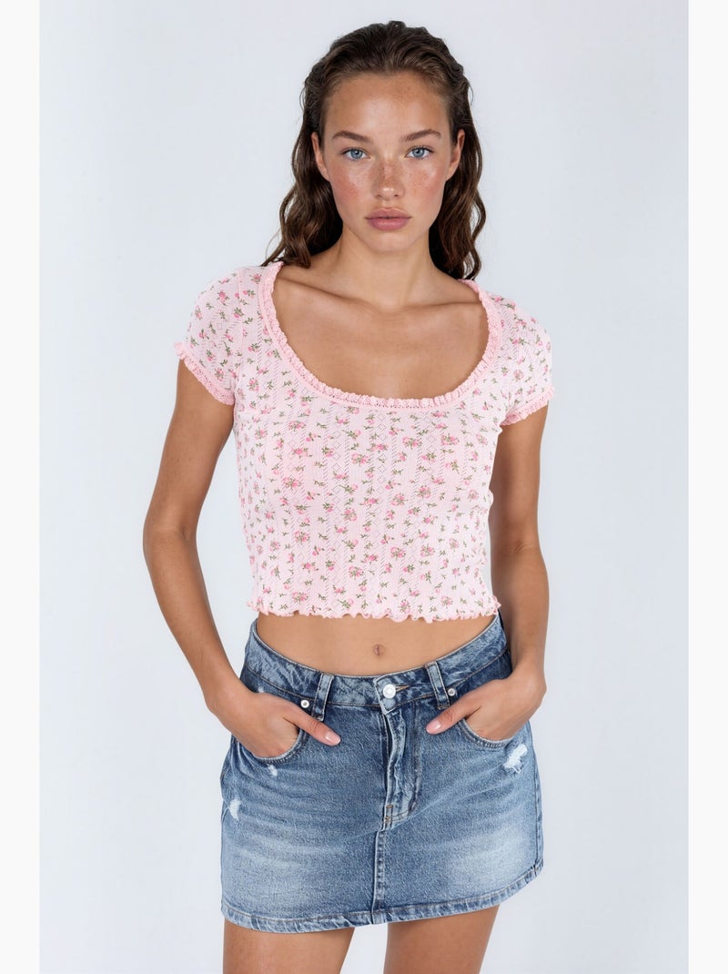 Blusa corta con scollo a u a fiori con balze busem Rosa antico - Kiabi