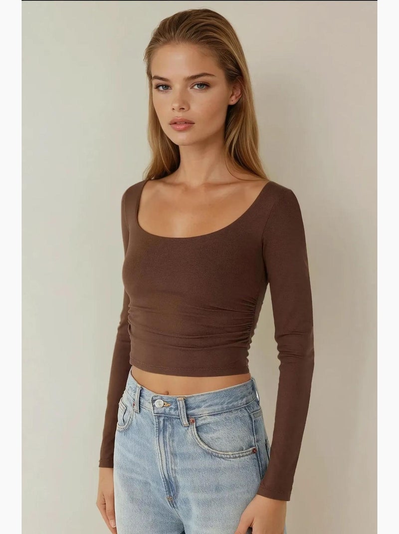 Blusa corta in viscosa con scollo rotondo slim fit hiccup Marrone - Kiabi