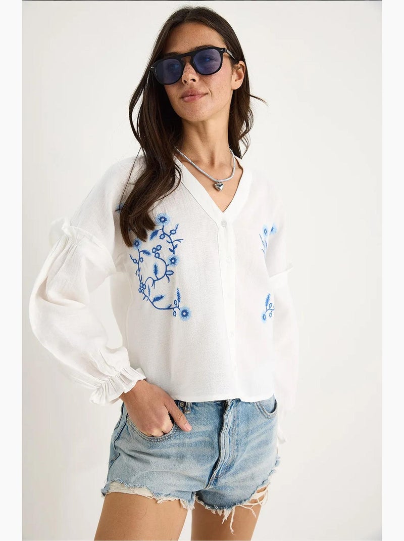 Blusa corta ricamata scollo a v lucci Bianco - Kiabi