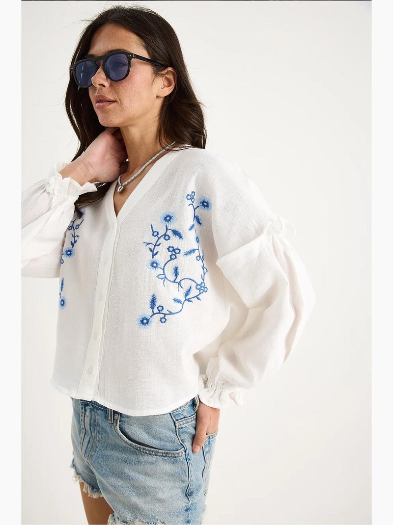 Blusa corta ricamata scollo a v lucci Bianco - Kiabi