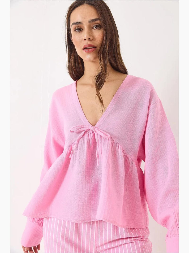 Blusa corta testurizzata scollo a v con fiocco lucci Rosa fluo/Solinotes - Kiabi