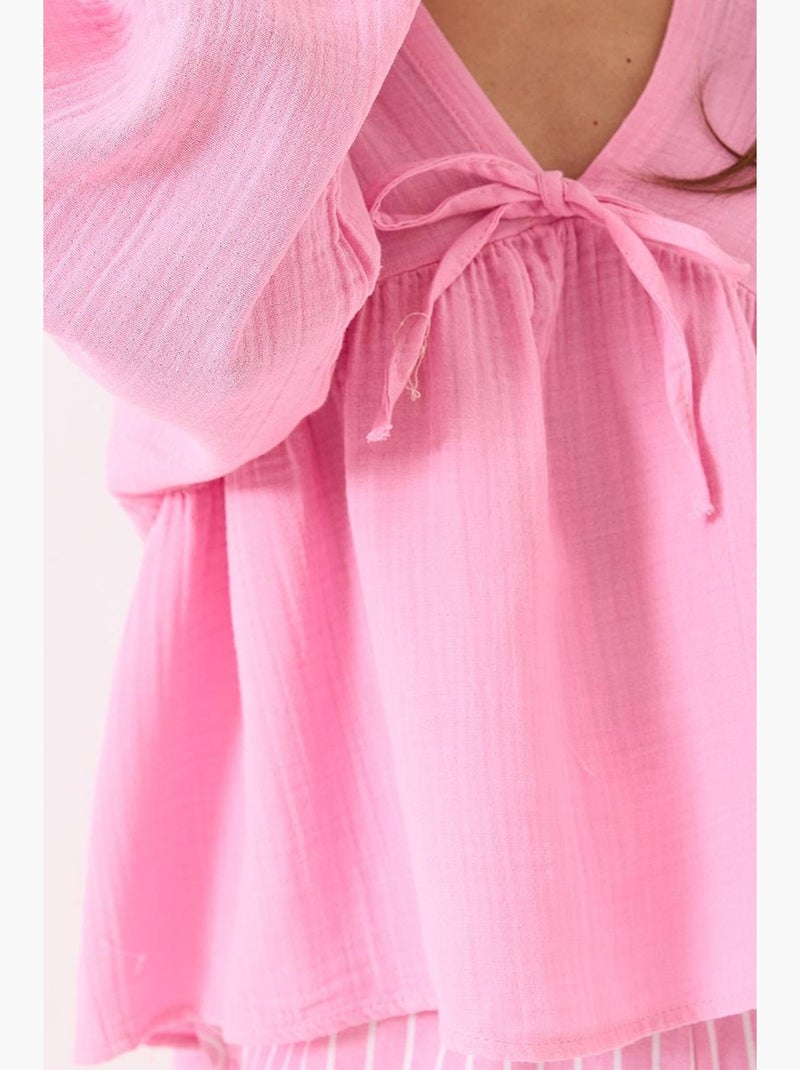 Blusa corta testurizzata scollo a v con fiocco lucci Rosa fluo/Solinotes - Kiabi