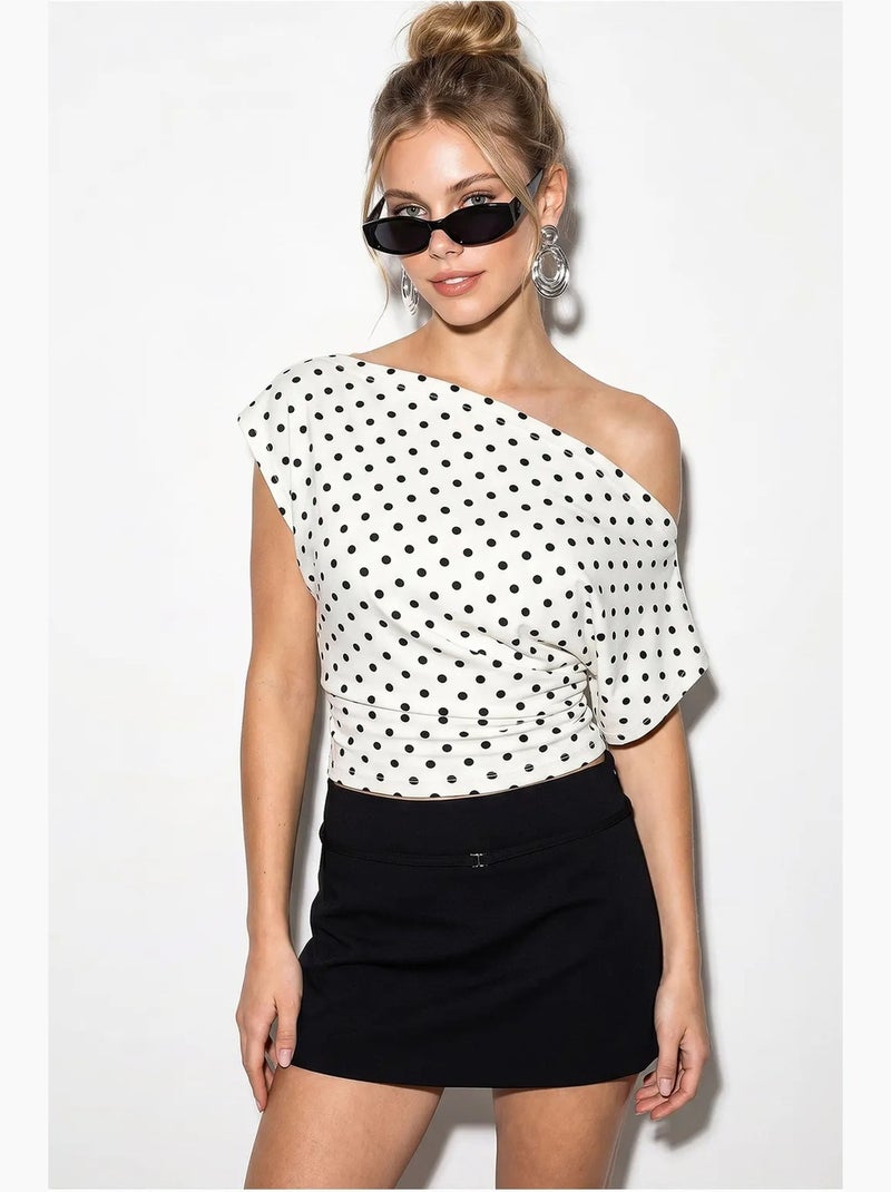 Blusa crop a pois con scollo bardot lucci Bianco sporco - Kiabi