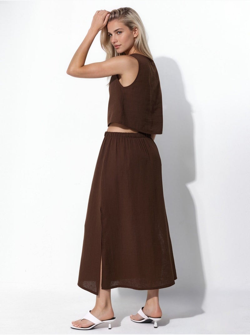 Blusa crop e gonna in mussola con dettaglio spacco, set due pezzi hiccup Marrone scuro - Kiabi
