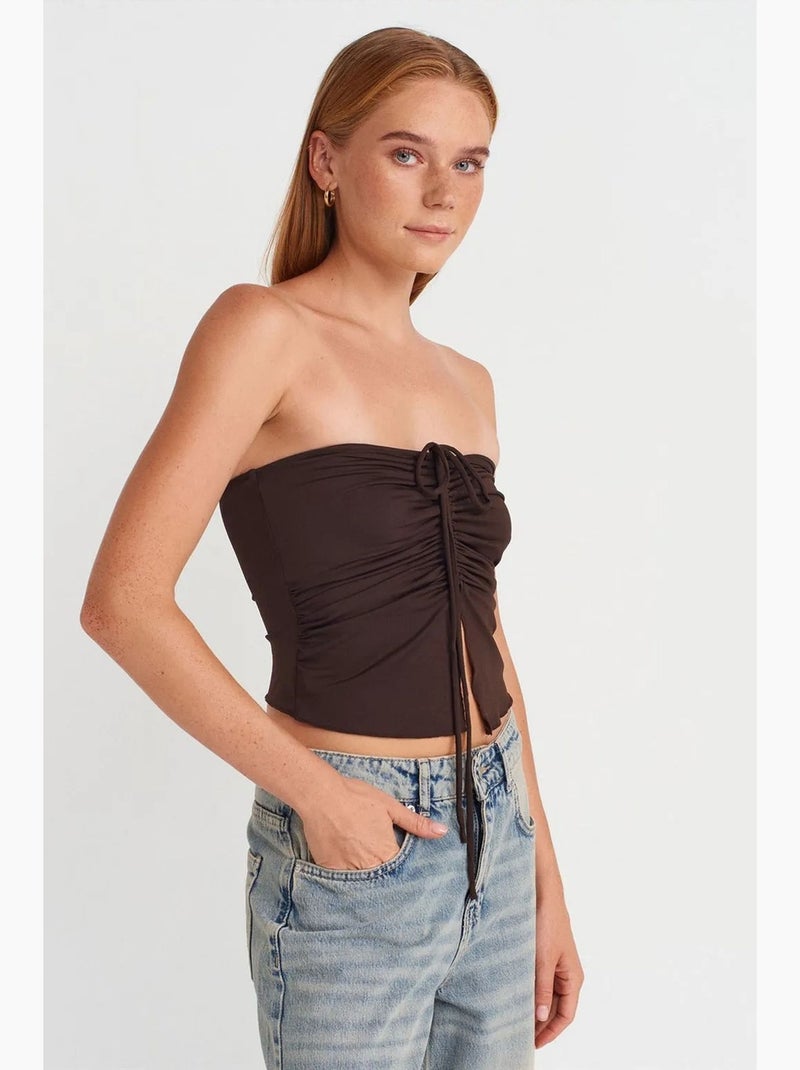 Blusa crop senza spalline da donna con dettaglio a laccetto dilvin Marrone cioccolato - Kiabi