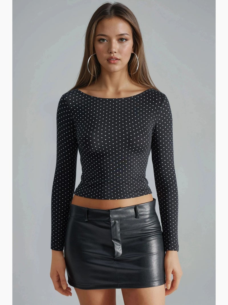 Blusa crop slim fit a pois con dettaglio sul retro busem Nero - Kiabi