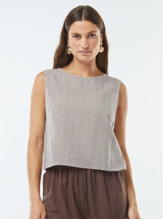 Blusa cropped in misto lino senza maniche