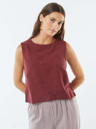 Blusa cropped in misto lino senza maniche