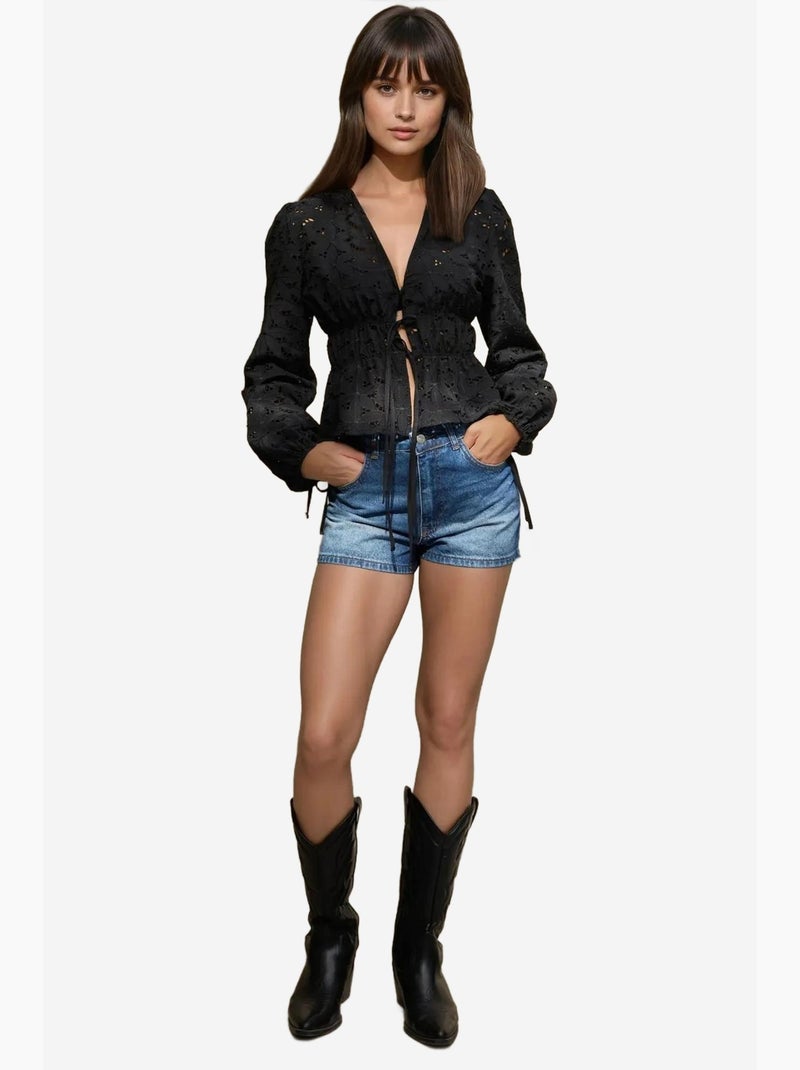 Blusa elegante testurizzata con scollo a v e maniche a palloncino hiccup Nero - Kiabi