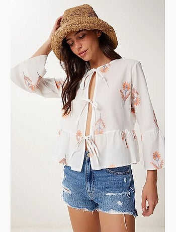 Blusa floreale collo tondo manica lunga con volant istanbul
