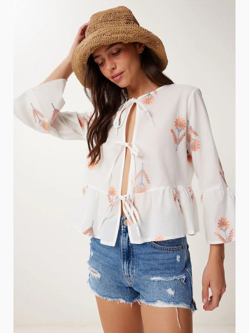 Blusa floreale collo tondo manica lunga con volant istanbul Bianco - Kiabi