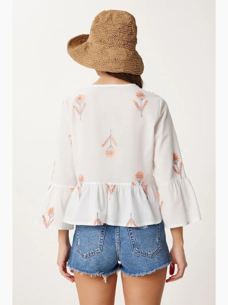 Blusa floreale collo tondo manica lunga con volant istanbul Bianco - Kiabi