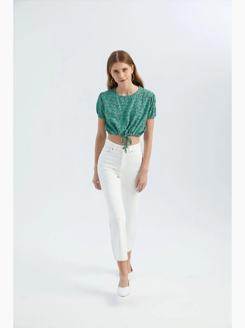 Blusa floreale con scollo tondo e coulisse hiccup Verde - Kiabi
