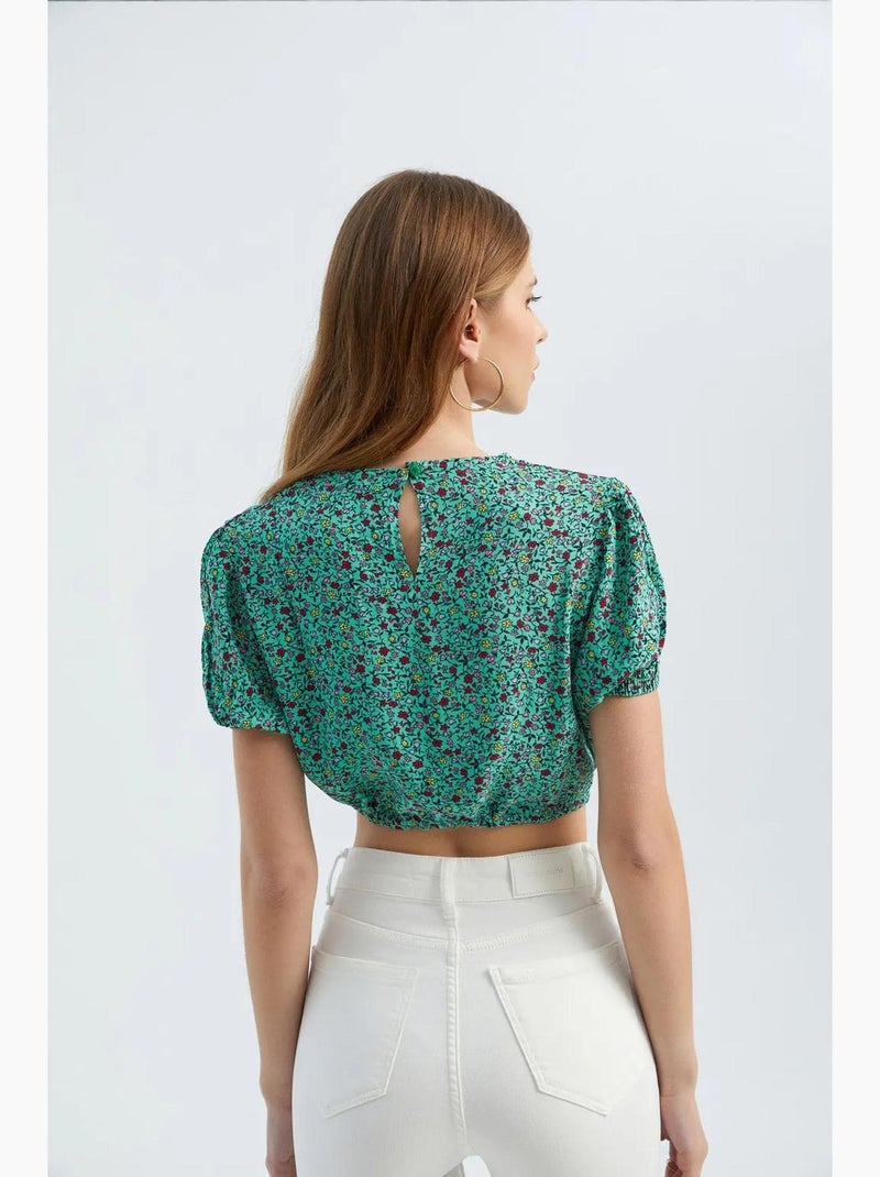 Blusa floreale con scollo tondo e coulisse hiccup Verde - Kiabi