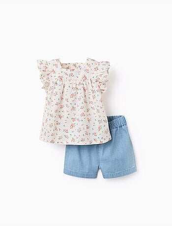Blusa floreale e pantaloncini in denim