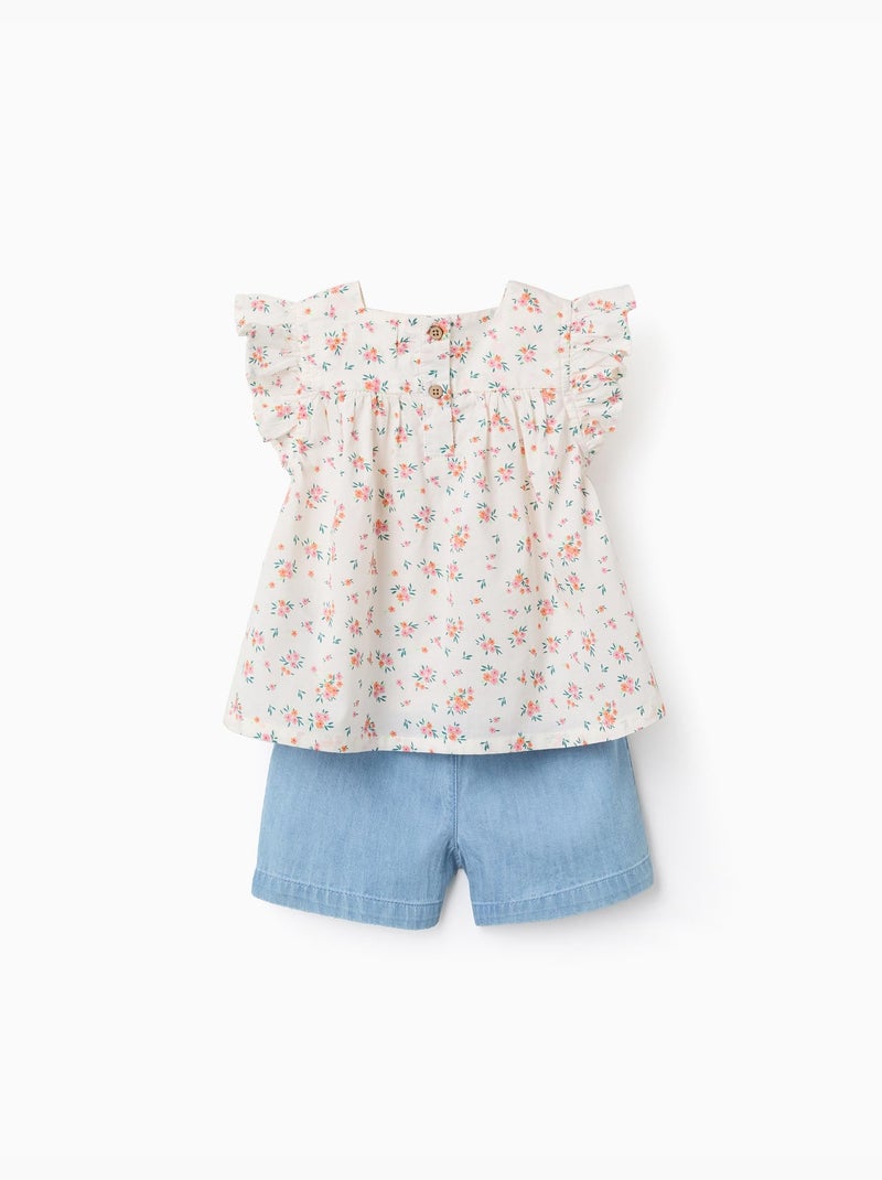 Blusa floreale e pantaloncini in denim Beige chiaro - Kiabi