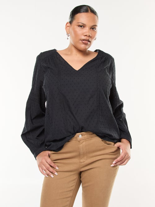 Blusa fluida a tinta unita con plumetis e ricami traforati - Kiabi