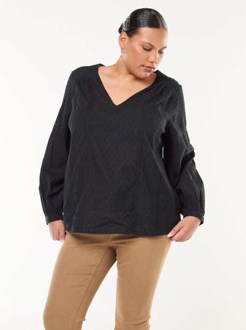 Blusa fluida a tinta unita con plumetis e ricami traforati - Kiabi