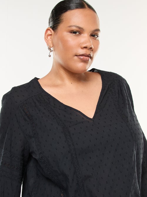 Blusa fluida a tinta unita con plumetis e ricami traforati - Kiabi