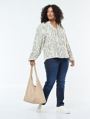 Blusa fluida con collo alla coreana e motivo all over