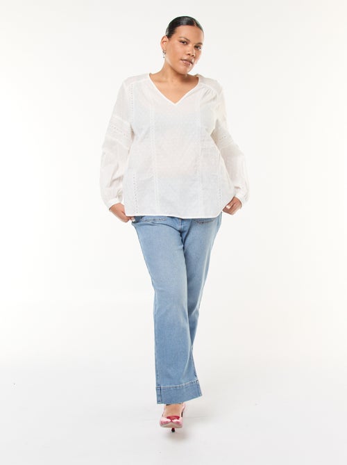 Blusa fluida tinta unita in plumetis e ricami traforati - Kiabi