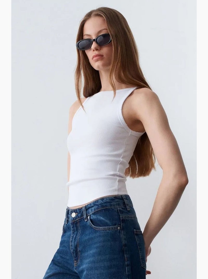 Blusa in cotone a coste con scollo all’americana dilvin Bianco - Kiabi