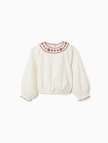 Blusa in cotone a manica lunga con colletto ricamato