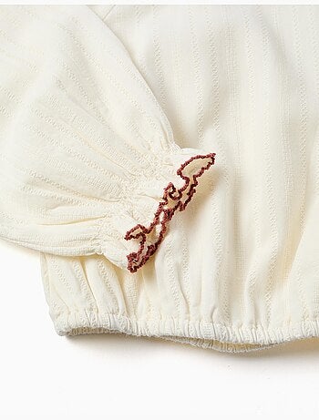 Blusa in cotone a manica lunga con colletto ricamato