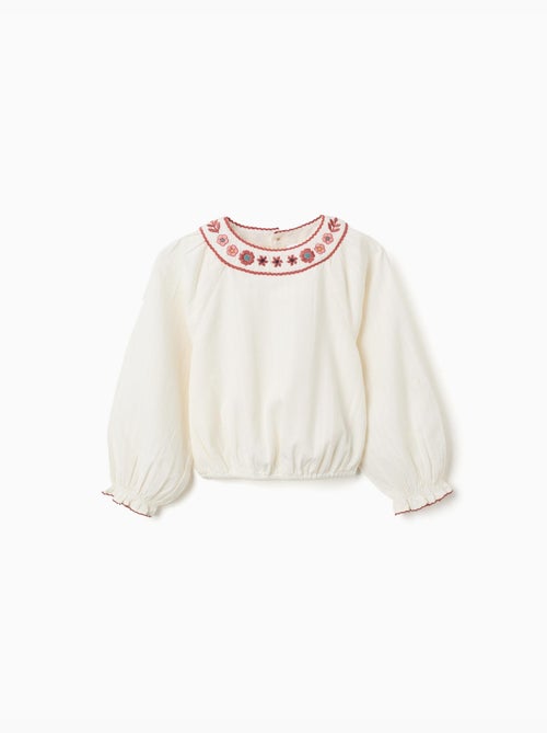 Blusa in cotone a manica lunga con colletto ricamato - Kiabi