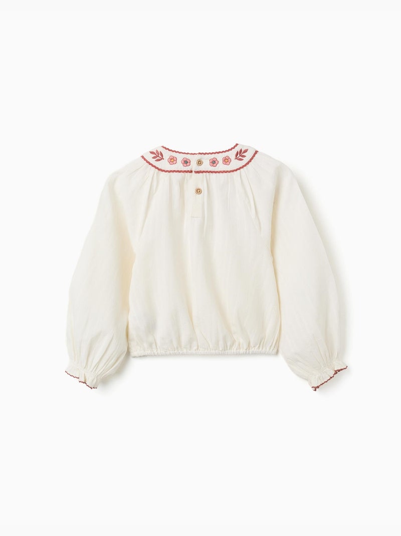 Blusa in cotone a manica lunga con colletto ricamato Bianco - Kiabi