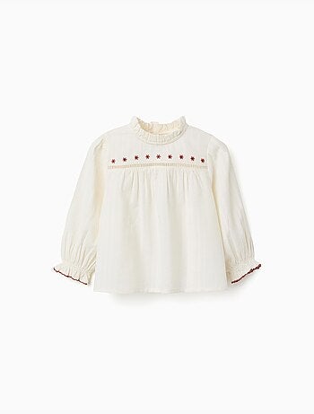 Blusa in cotone a manica lunga con fiori e volant