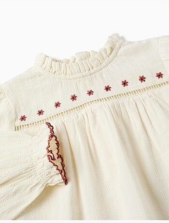 Blusa in cotone a manica lunga con fiori e volant