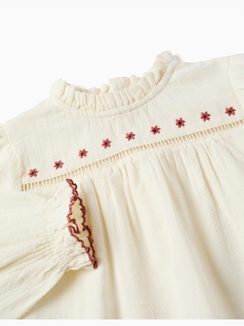 Blusa in cotone a manica lunga con fiori e volant Bianco - Kiabi
