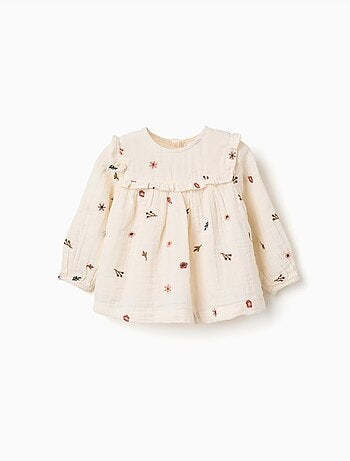 Blusa in cotone a manica lunga con fiori ricamati