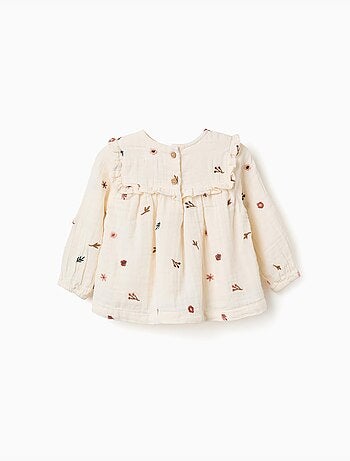 Blusa in cotone a manica lunga con fiori ricamati