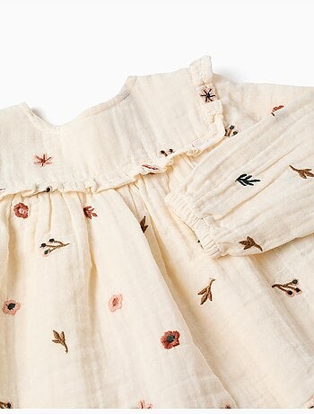 Blusa in cotone a manica lunga con fiori ricamati