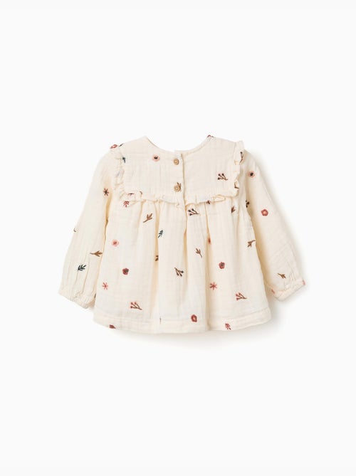 Blusa in cotone a manica lunga con fiori ricamati - Kiabi