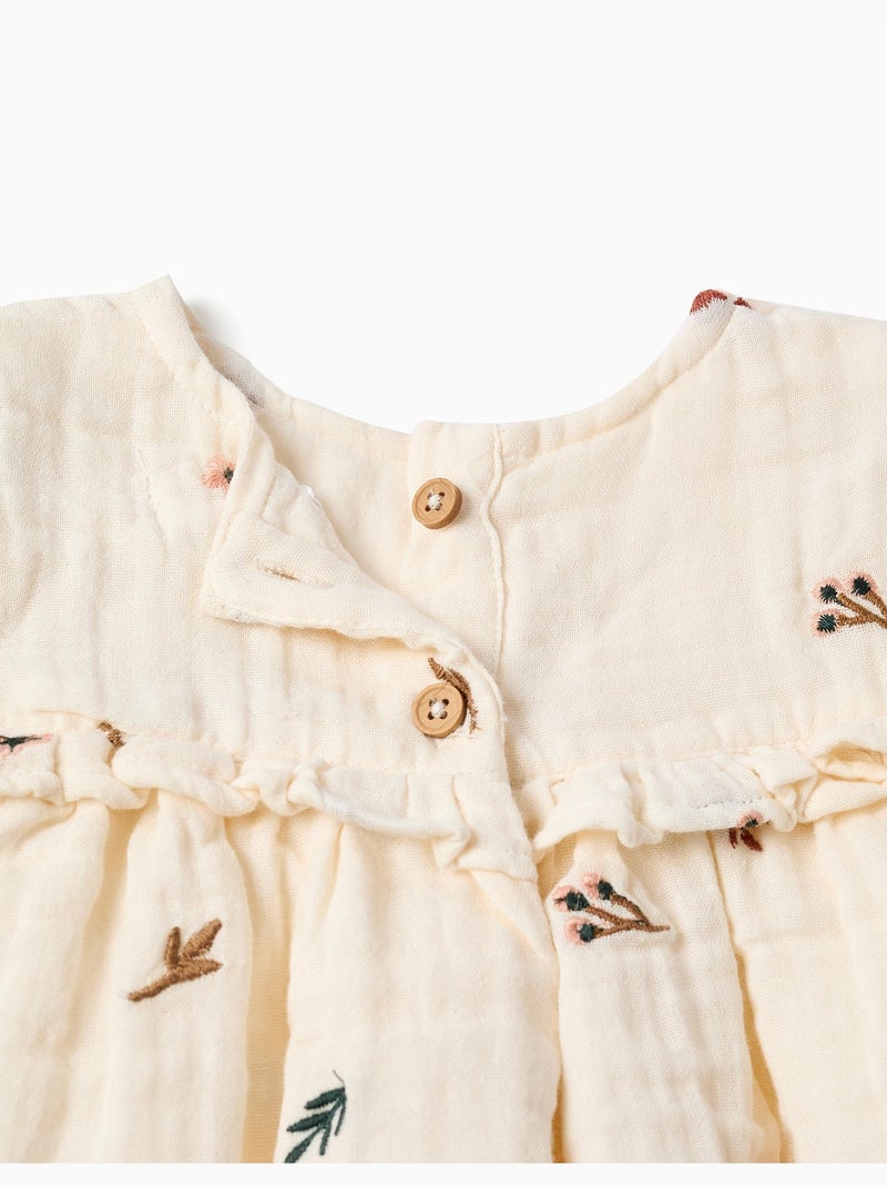 Blusa in cotone a manica lunga con fiori ricamati Bianco - Kiabi