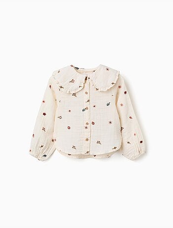 Blusa in cotone a manica lunga con fiori ricamati