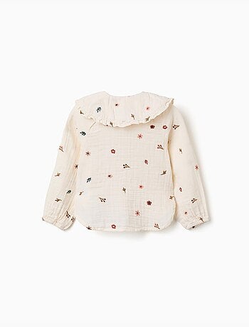 Blusa in cotone a manica lunga con fiori ricamati