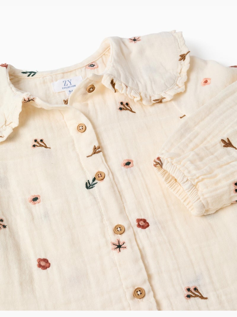 Blusa in cotone a manica lunga con fiori ricamati Bianco - Kiabi